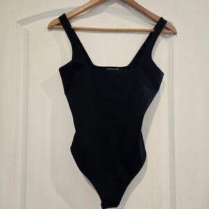 Good American Black Scuba Modern Tank Bodysuit Square Neck Sculpting